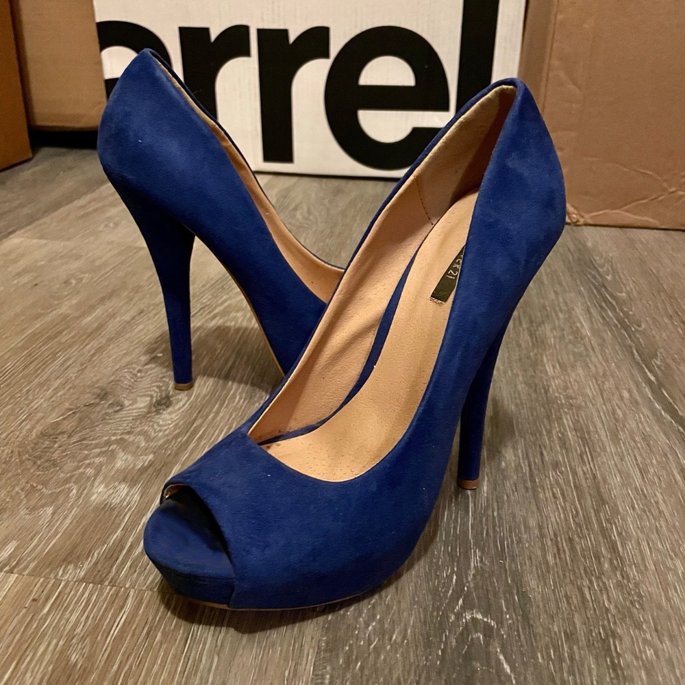 Cobalt blue, suede peep-toe, platform heels